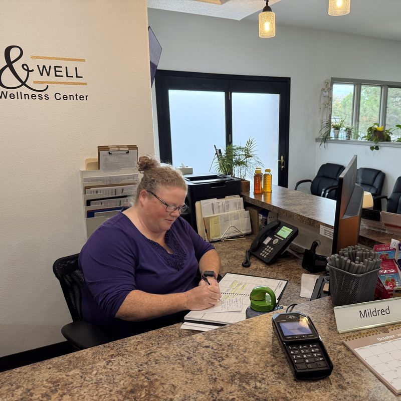 Front desk at Aligned and Well Chiropractic in Loveland, where same-day visits are scheduled